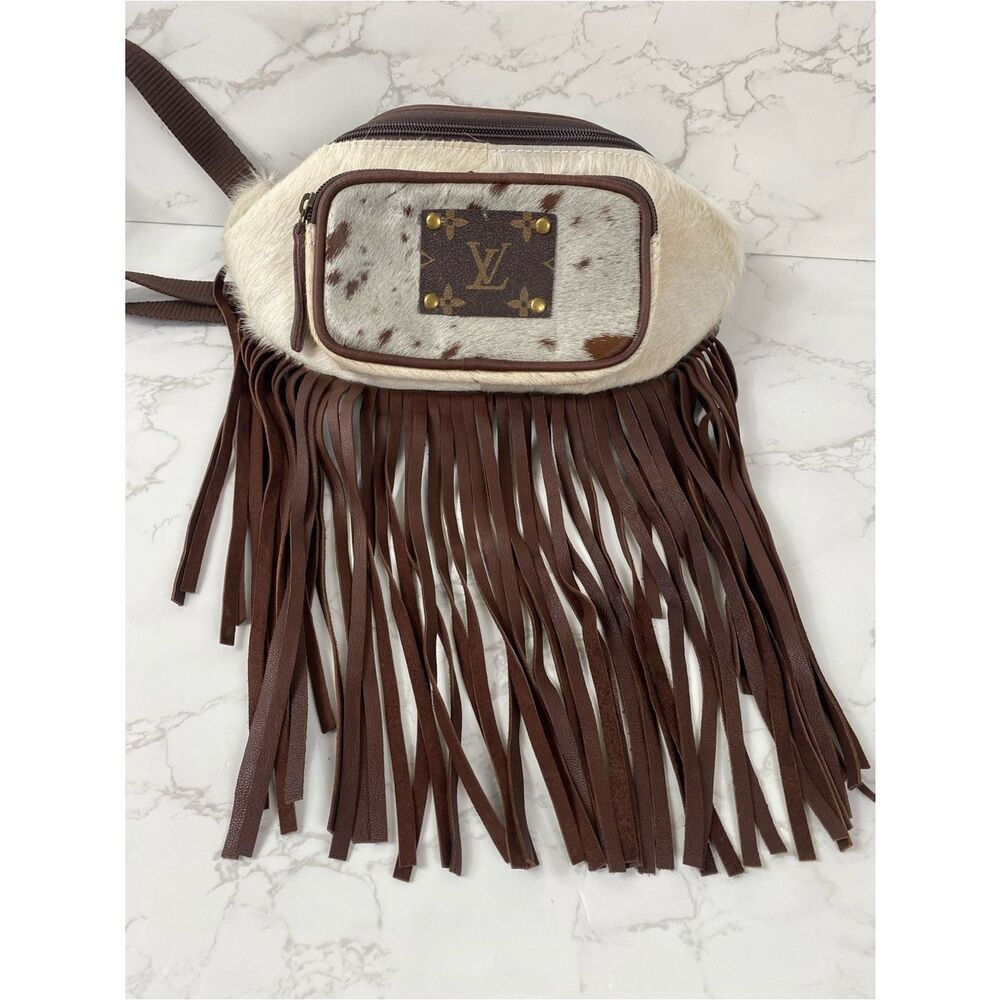 Oh Lay Upcycle Brown & Cream Fringe Crossbody Bumbag /belt bag boho